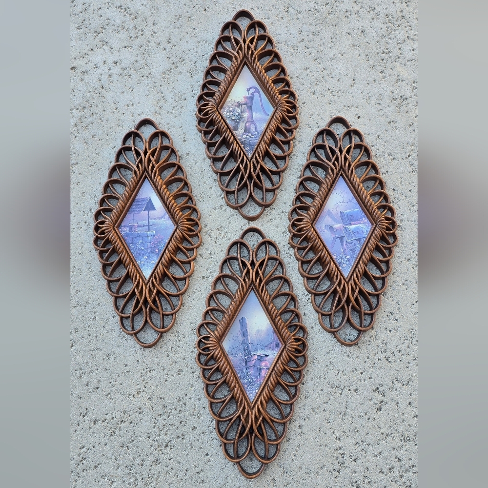 Vtg Burwood wicker diamond plaques MCM set of 4 Cottagecore Farmhouse Country